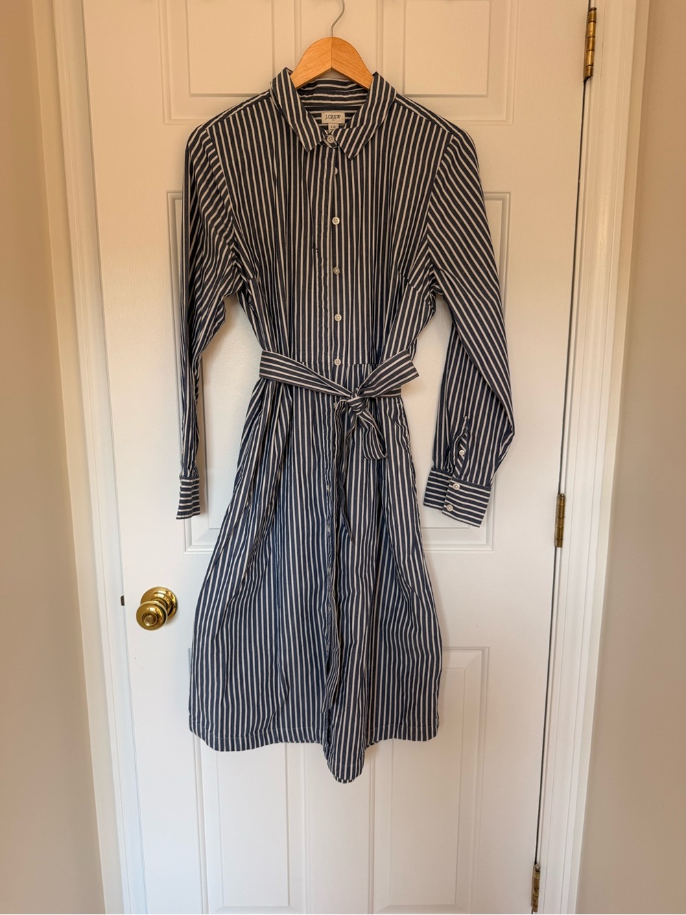 J. Crew Navy & White Striped Midi Shirt Dress with Self-Tie